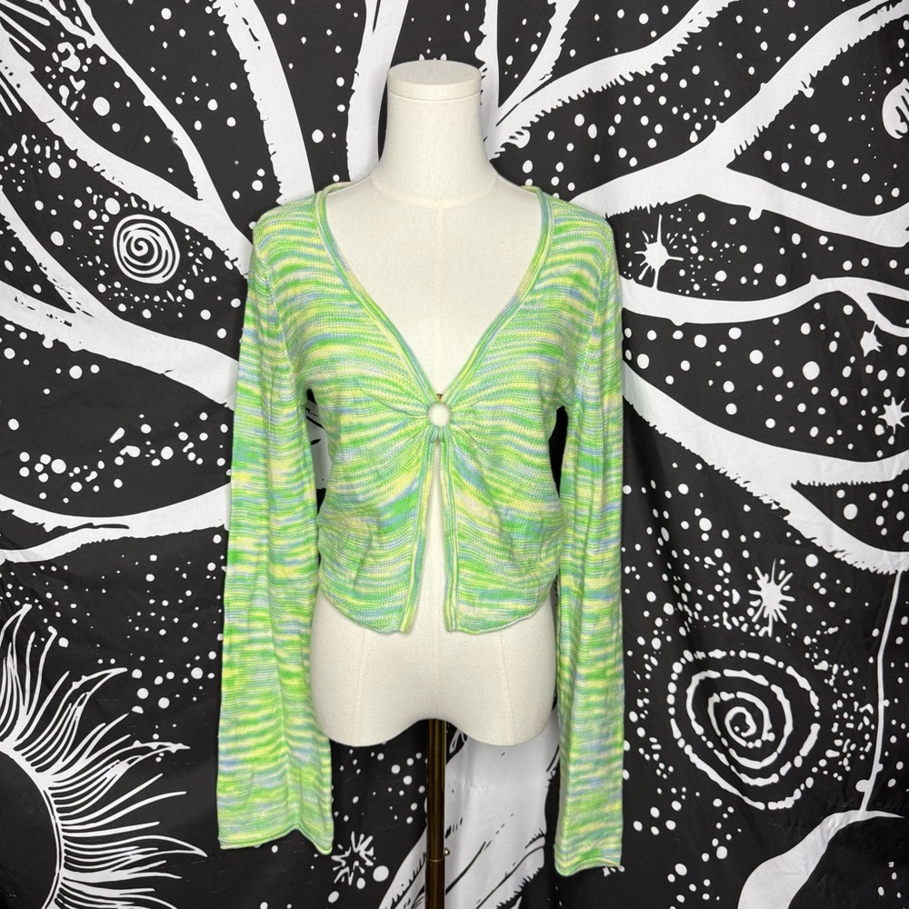American Eagle Outfitters Lime Green Multi-Stripe Long Sleeve Knit Tank/Cardigan